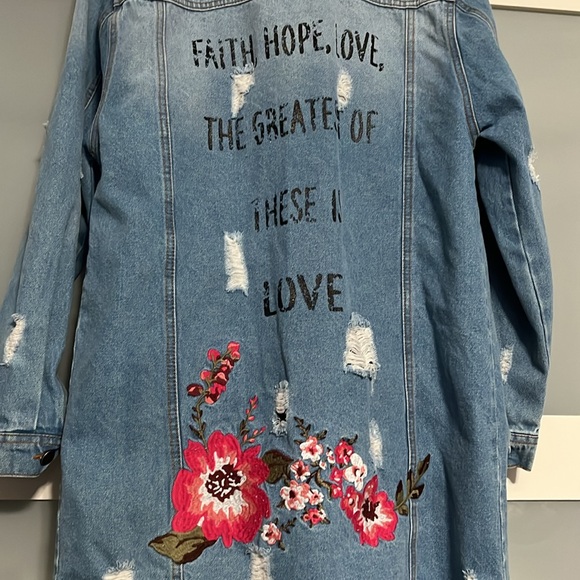 Haute Monde L.A designed distress long denim embroidery jacket sz L - Picture 8 of 9